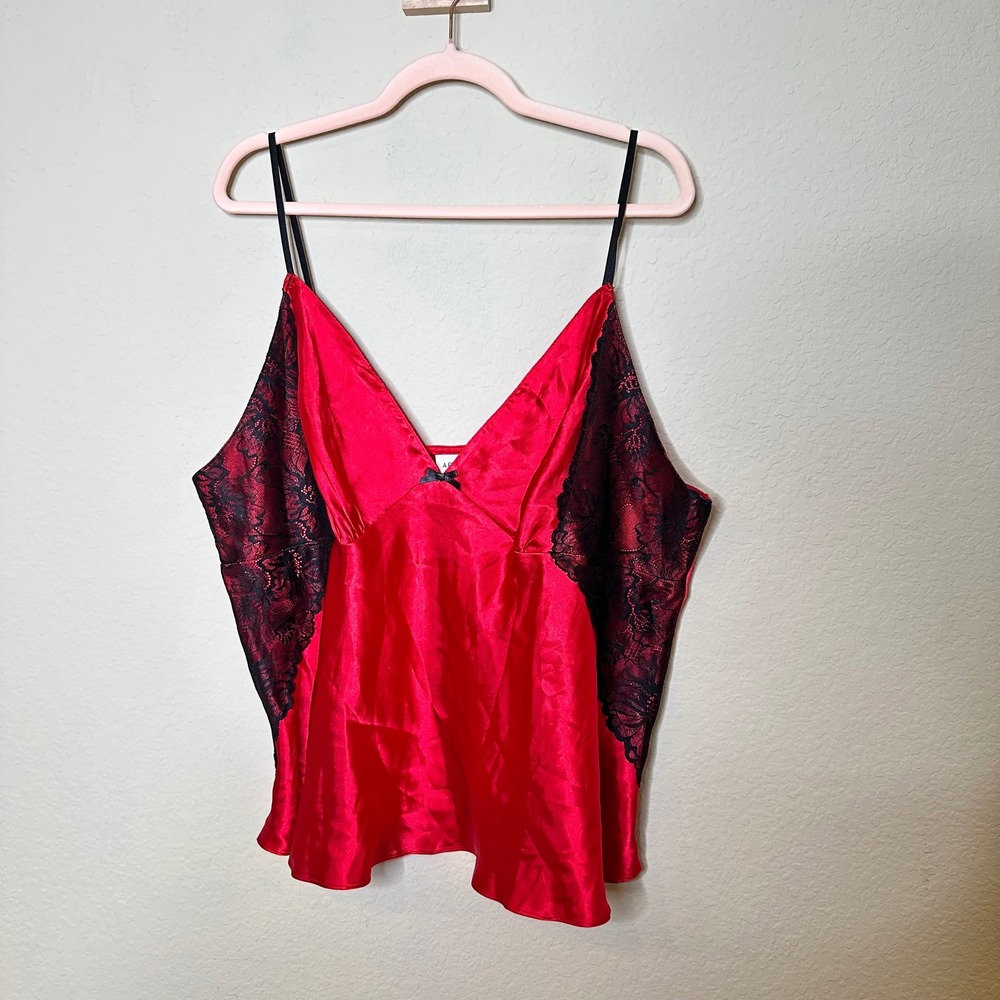 Y2K Red Satin Lace Trim Camisole Top XXL Black Floral Lingerie V-Neck Bow Vampy